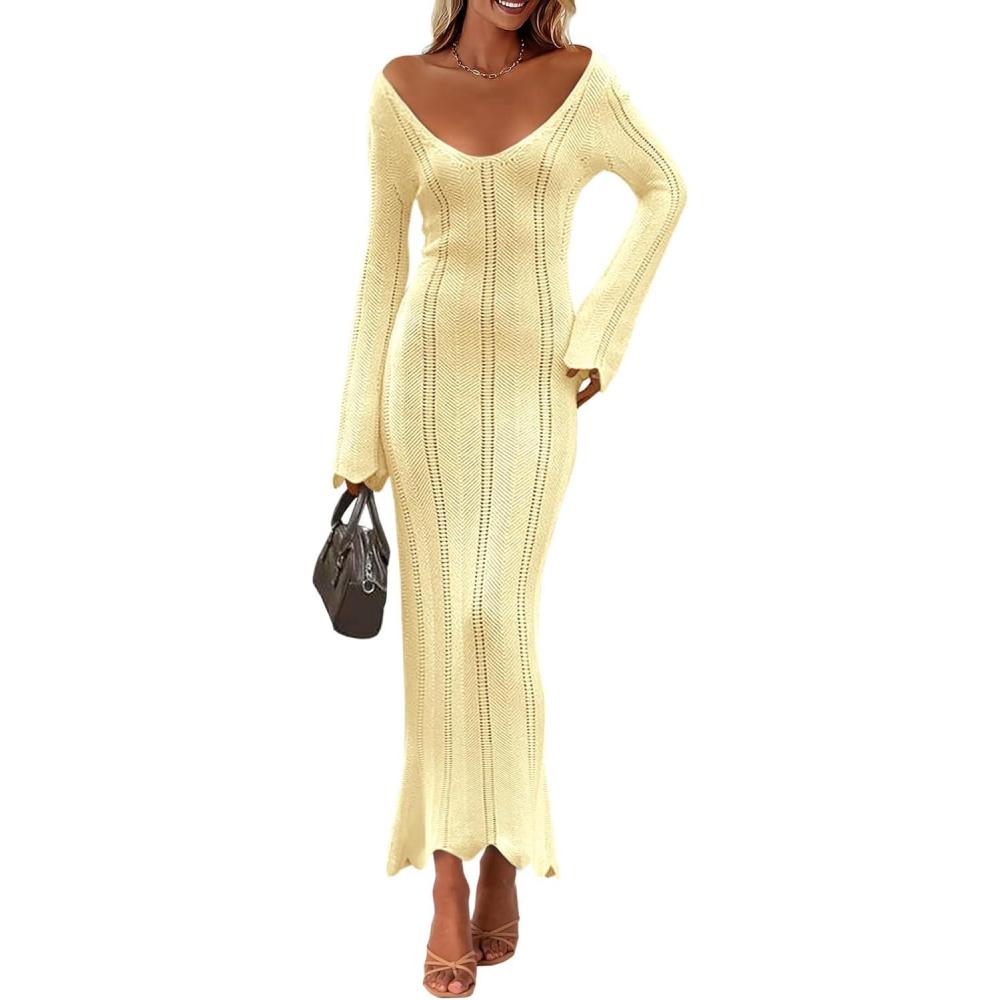 imageSaodimallsu Womens Crochet Maxi Dress Bell Long Sleeve Sexy V Neck Bodycon Backless Knit Dresses Beach Swim Cover UpBeige