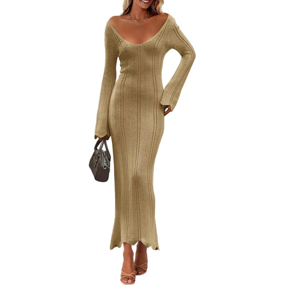 imageSaodimallsu Womens Crochet Maxi Dress Bell Long Sleeve Sexy V Neck Bodycon Backless Knit Dresses Beach Swim Cover UpKhaki