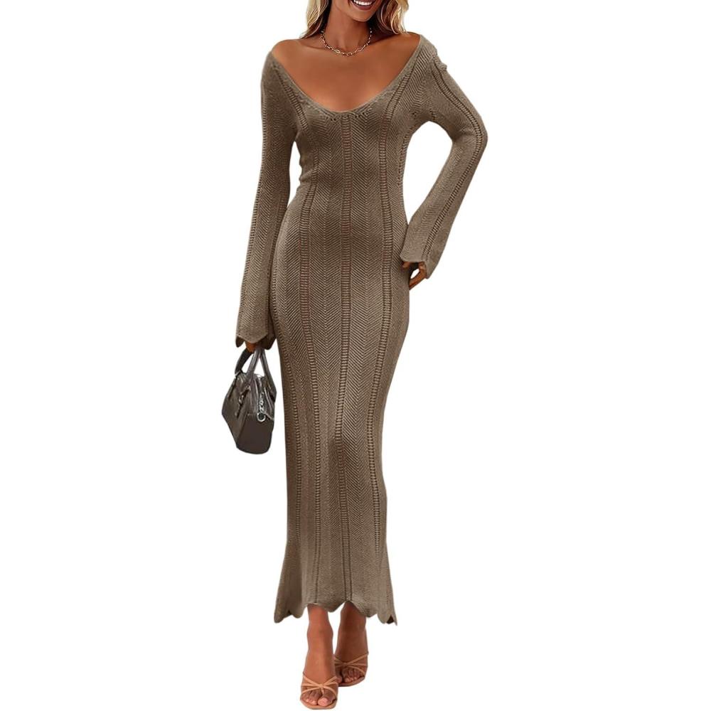 imageSaodimallsu Womens Crochet Maxi Dress Bell Long Sleeve Sexy V Neck Bodycon Backless Knit Dresses Beach Swim Cover UpTaupe