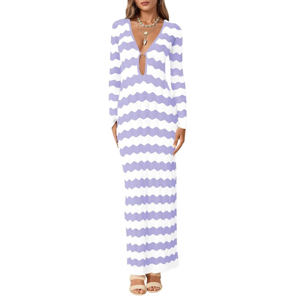 imageSaodimallsu Womens Crochet Summer Maxi Dress Striped Sexy Cut Out V Neck Long Sleeve Knit Cover Up Beach DressesLight Purple