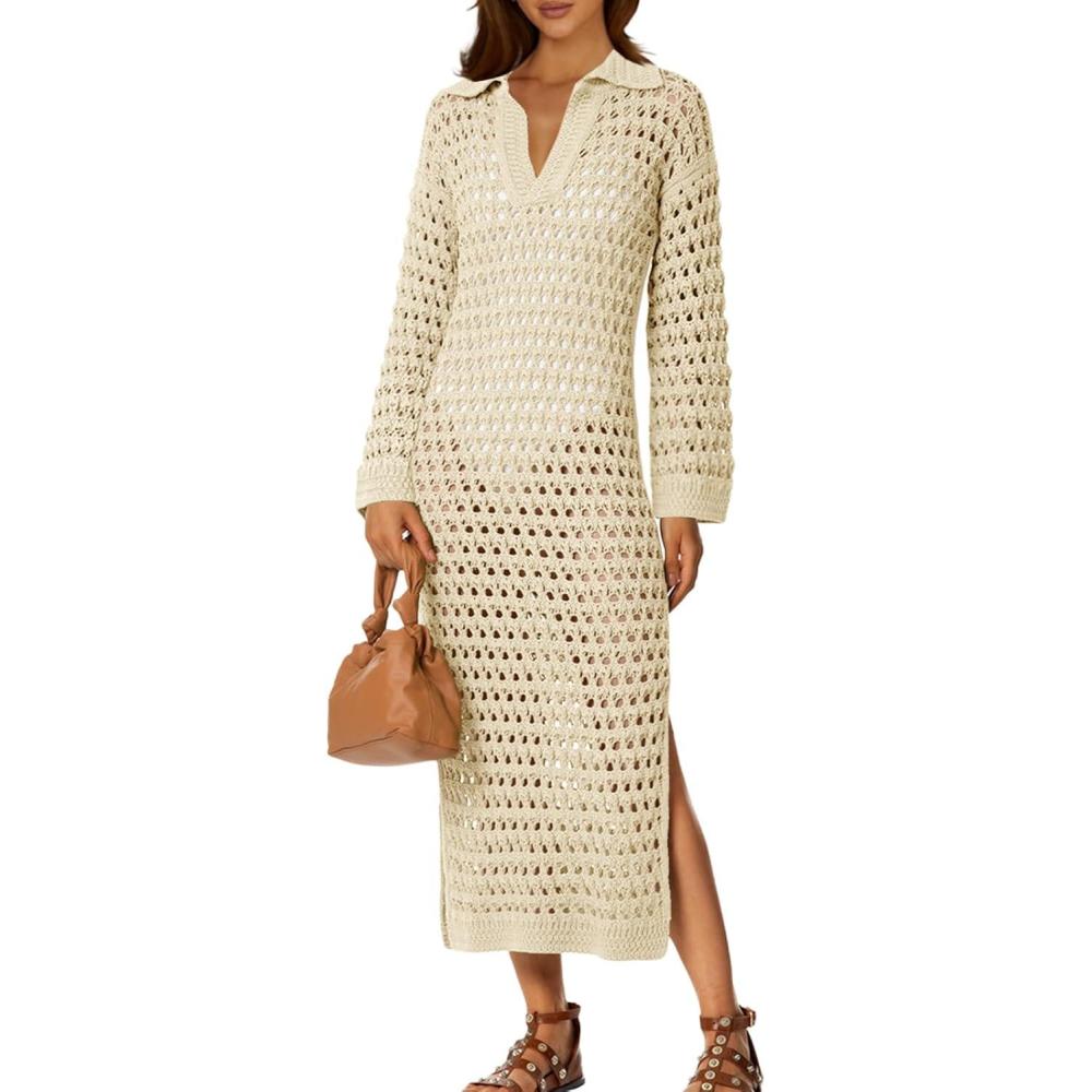 imageSaodimallsu Womens Crochet Swimsuit Cover Up V Neck Collared Long Sleeve Mesh Knit Long Beach Coverup Maxi DressApricot