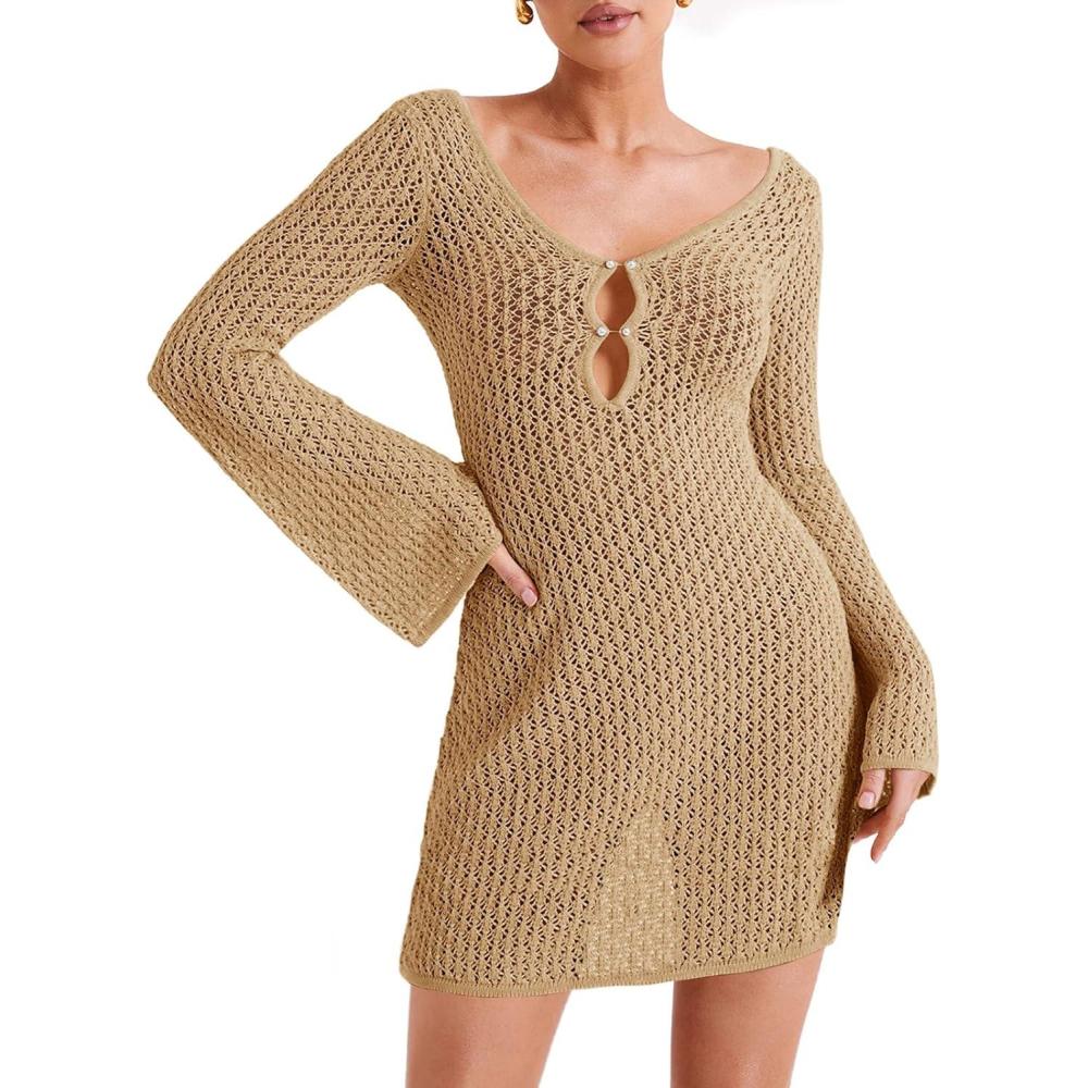 imageSaodimallsu Womens Crochet Swimsuit Coverup Summer Sexy V Neck Long Bell Sleeve Mesh Knit Bikini Cover Ups Beach DressesKhaki