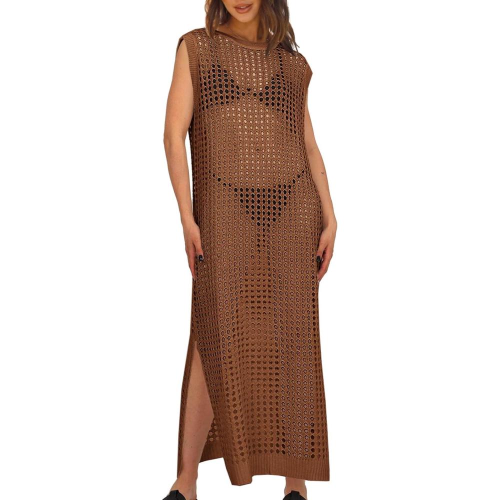 imageSaodimallsu Womens Crochet Swimsuit Coverup Summer Sleeveless Hollow Out Knit Crewneck Side Split Long Beach DressCoffee