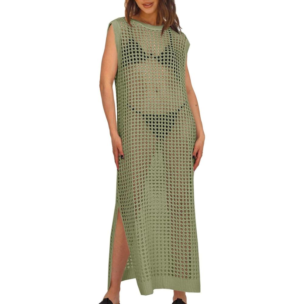 imageSaodimallsu Womens Crochet Swimsuit Coverup Summer Sleeveless Hollow Out Knit Crewneck Side Split Long Beach DressGreen