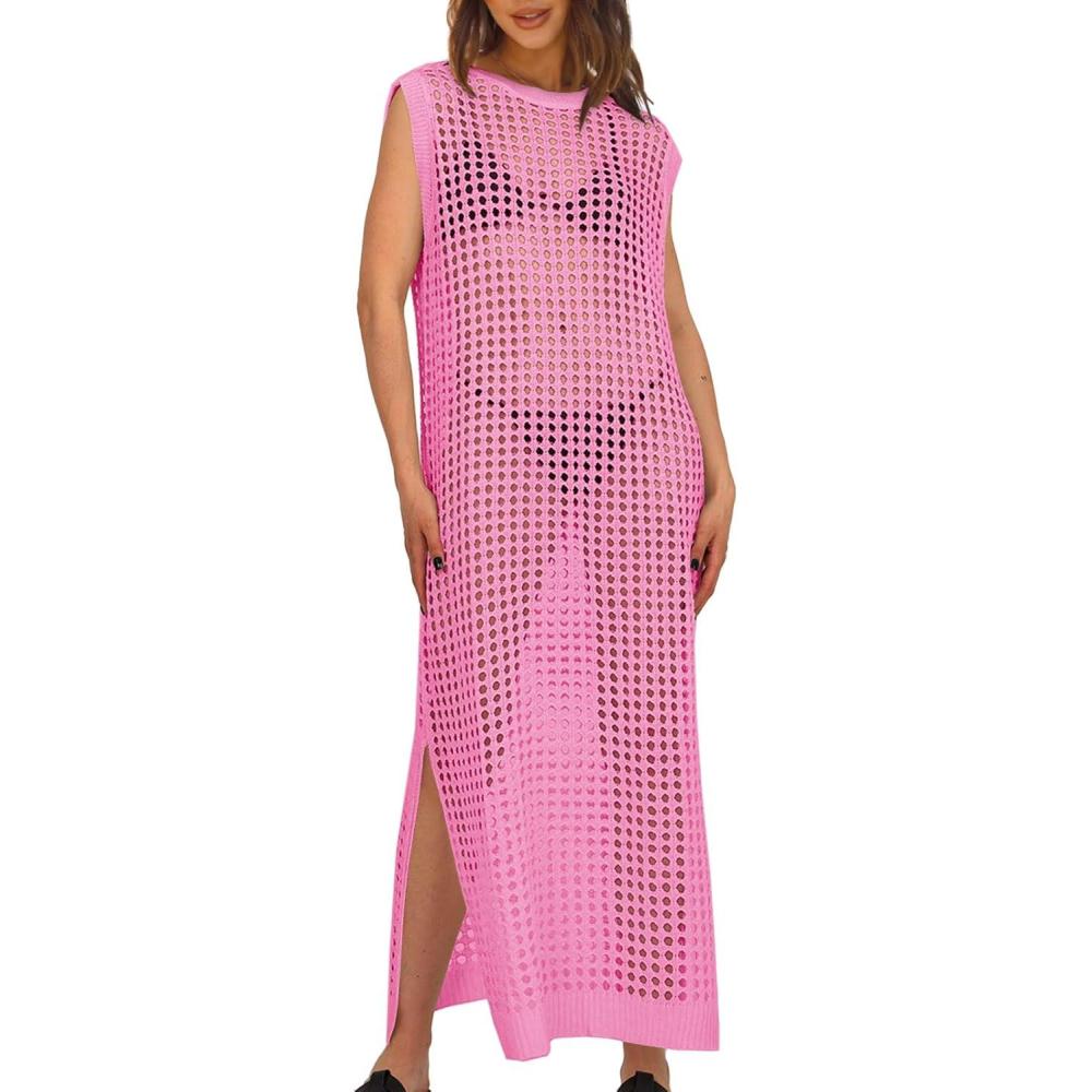 imageSaodimallsu Womens Crochet Swimsuit Coverup Summer Sleeveless Hollow Out Knit Crewneck Side Split Long Beach DressLight Pink