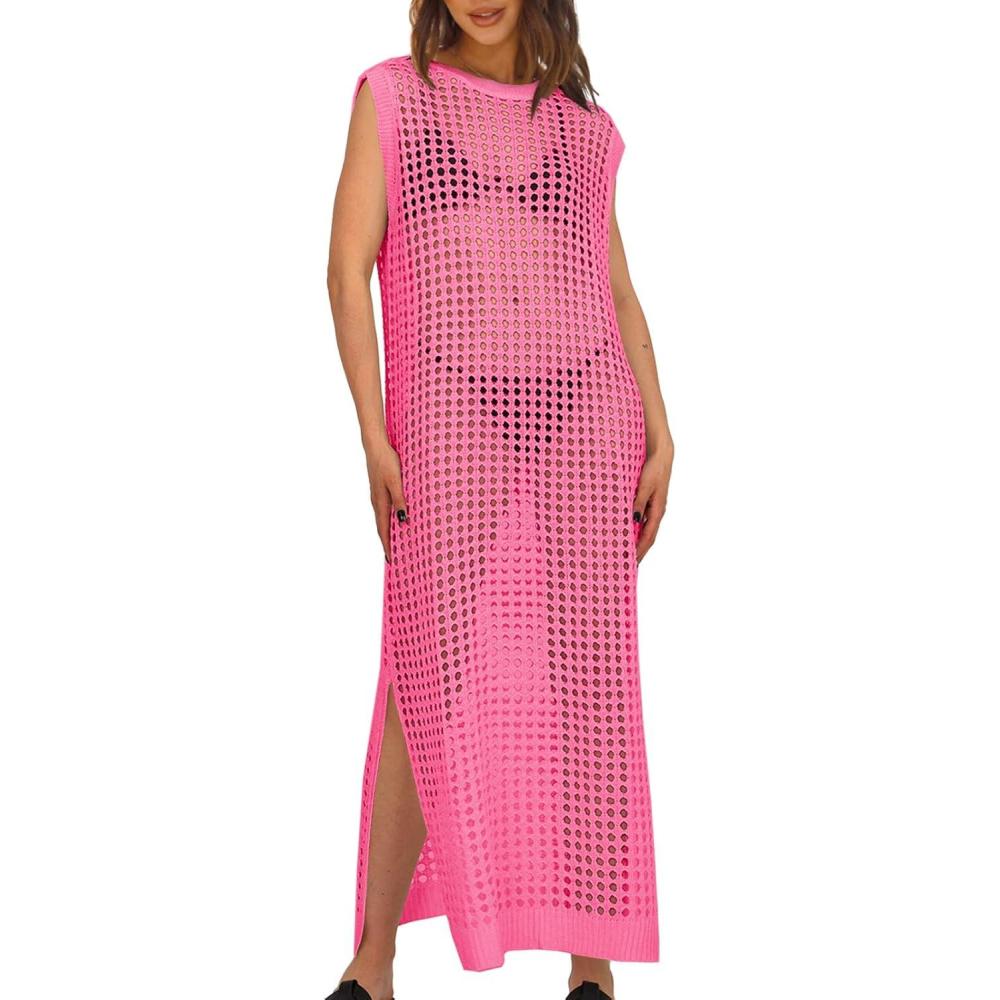 imageSaodimallsu Womens Crochet Swimsuit Coverup Summer Sleeveless Hollow Out Knit Crewneck Side Split Long Beach DressPink