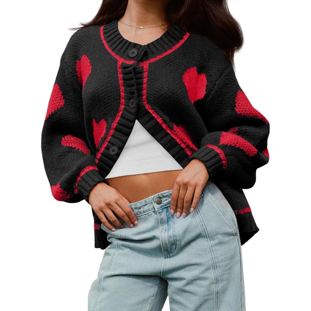 imageSaodimallsu Womens Cute Heart Cardigan Sweaters Chunky Knit Button Down Crewneck Long Sleeve Sweater CoatBlack