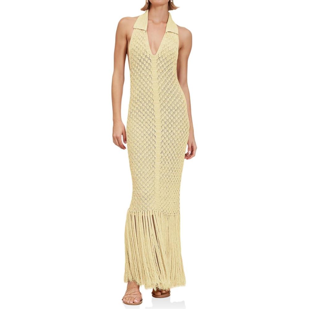 imageSaodimallsu Womens Halter Crochet Cover Up Fringe Sexy Backless Sleeveless V Neck Collared Vacation Beach Maxi DressBeige