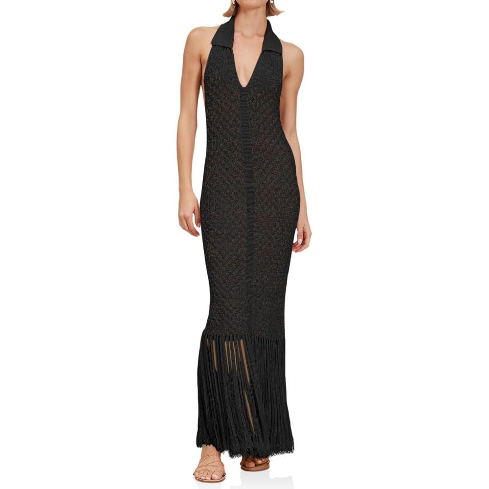 imageSaodimallsu Womens Halter Crochet Cover Up Fringe Sexy Backless Sleeveless V Neck Collared Vacation Beach Maxi DressBlack