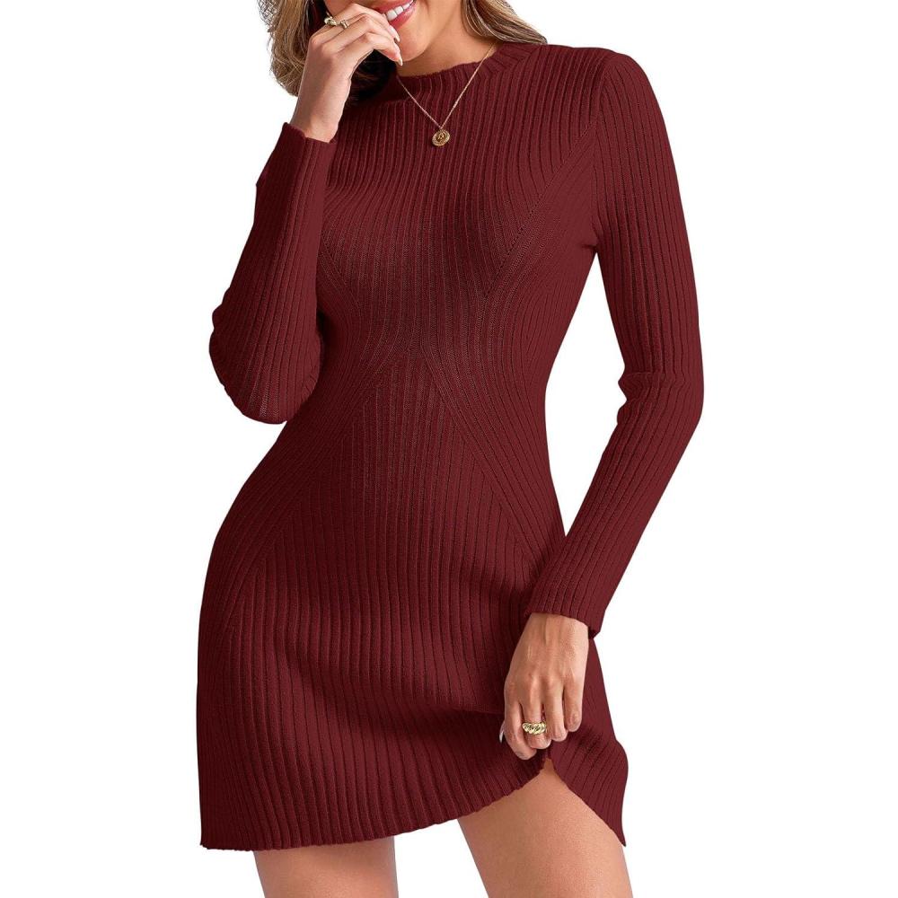 imageSaodimallsu Womens Long Sleeve Sweater Dress Bodycon Crew Neck Fall Slimming Knit Mini DressesBurgundy