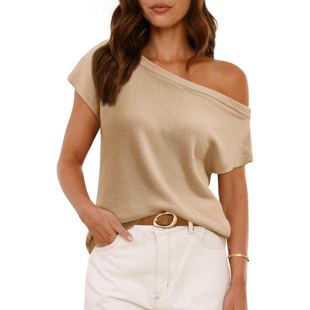 imageSaodimallsu Womens Off One Shoulder Sweater Tops Summer Short Sleeve Casual Loose Knit Trendy Going Out TopsKhaki