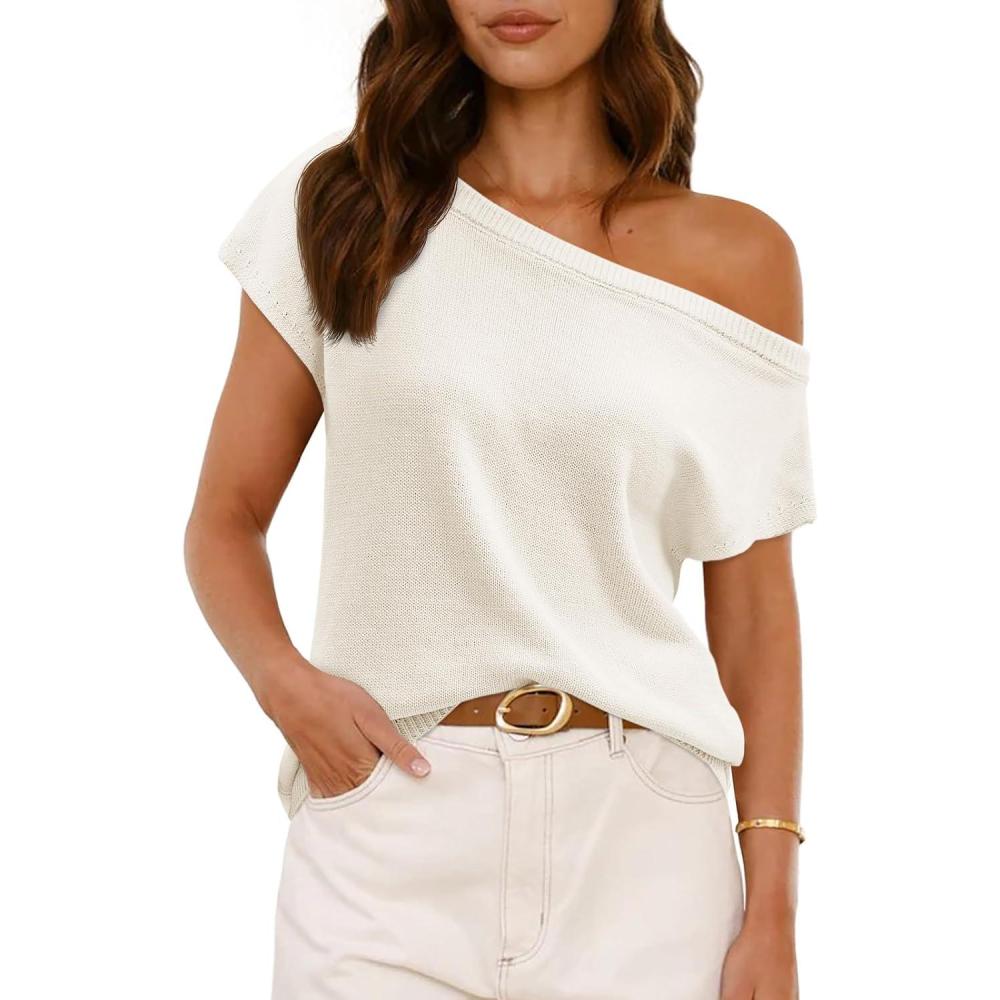 imageSaodimallsu Womens Off One Shoulder Sweater Tops Summer Short Sleeve Casual Loose Knit Trendy Going Out TopsWhite