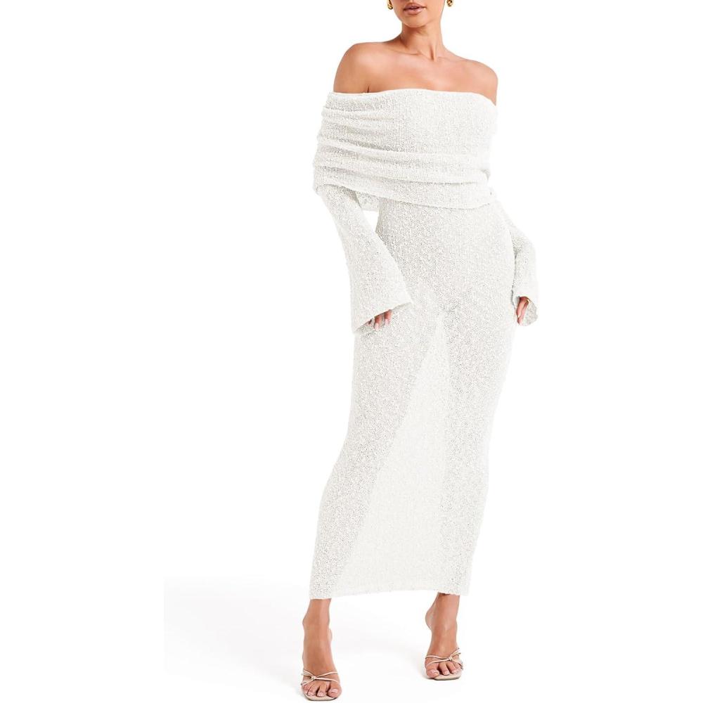 imageSaodimallsu Womens Off Shoulder Summer Maxi Dress Bell Long Sleeve Sexy Bodycon Strapless Sheer Beach Swimsuit CoverupWhite