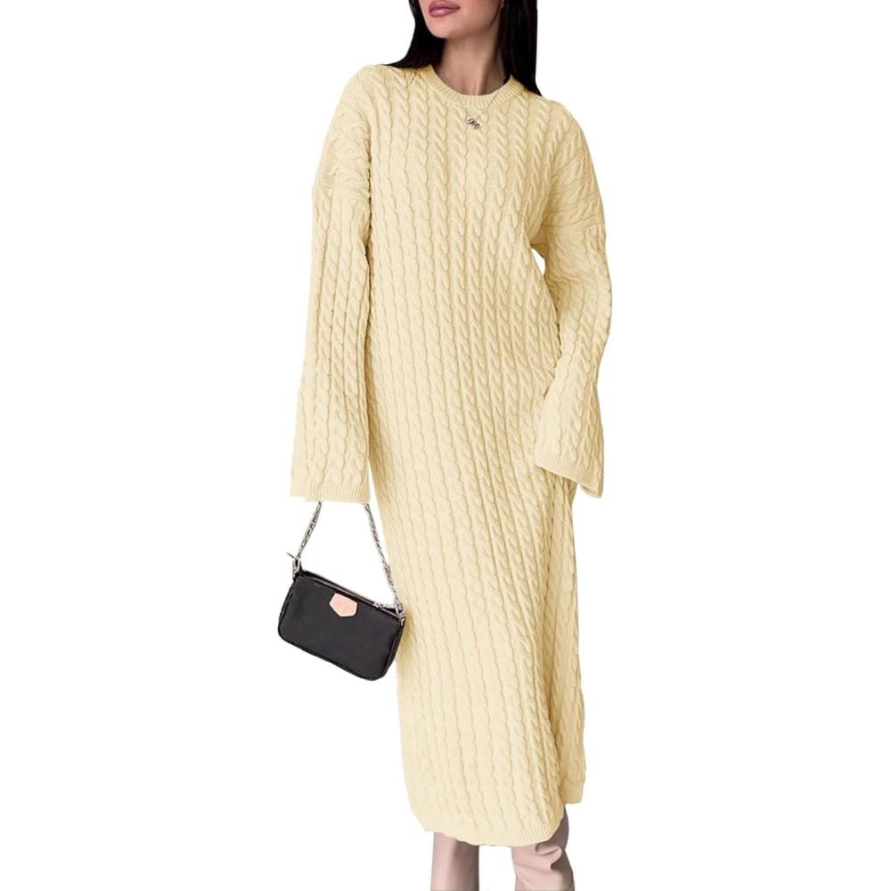 imageSaodimallsu Womens Oversized Cable Knit Sweater Dress Drop Shoulder Long Sleeve Loose Fall Midi Pullover Sweater DressesBeige