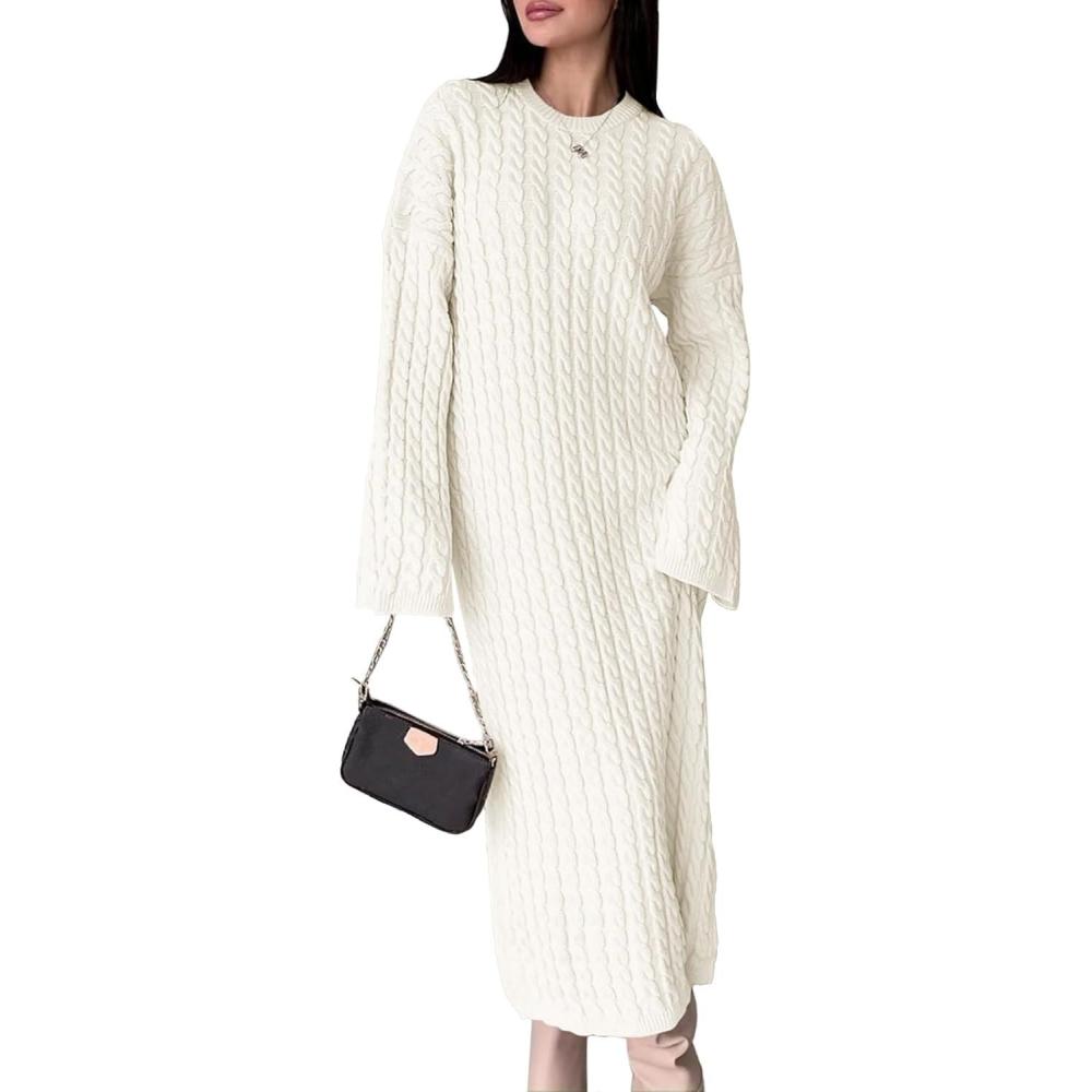 imageSaodimallsu Womens Oversized Cable Knit Sweater Dress Drop Shoulder Long Sleeve Loose Fall Midi Pullover Sweater DressesWhite