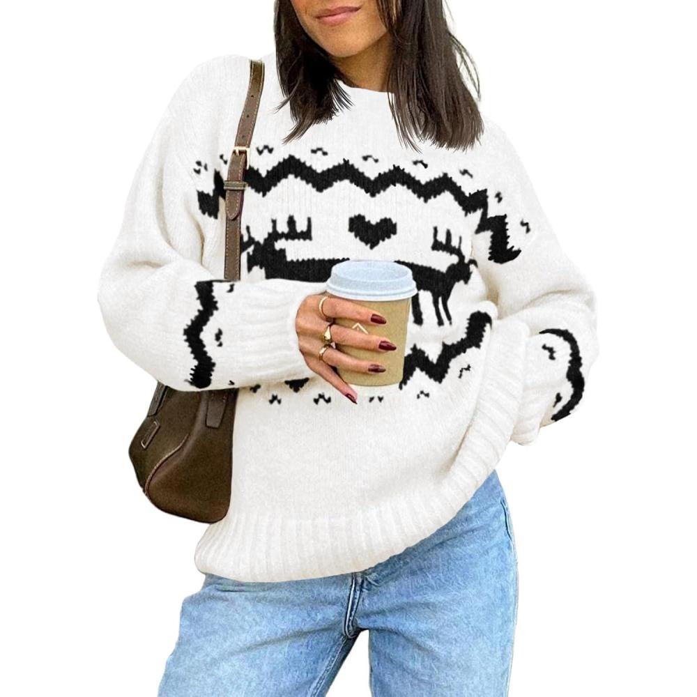 imageSaodimallsu Womens Oversized Christmas Sweaters Crewneck Chunky Reindeer Knit Long Sleeve Santa Xmas Pullover Sweater