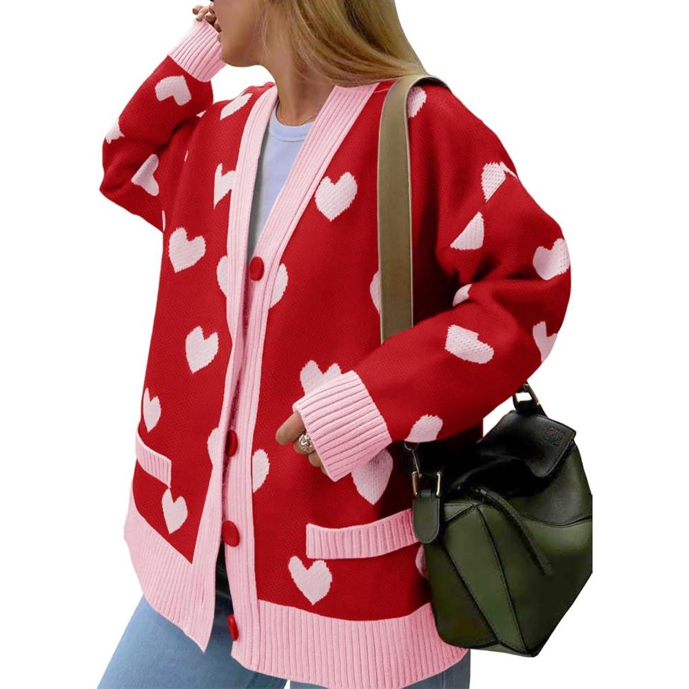 imageSaodimallsu Womens Oversized Heart Cardigan Color Block V Neck Button Long Sleeve Chunky Valentines SweatersRed