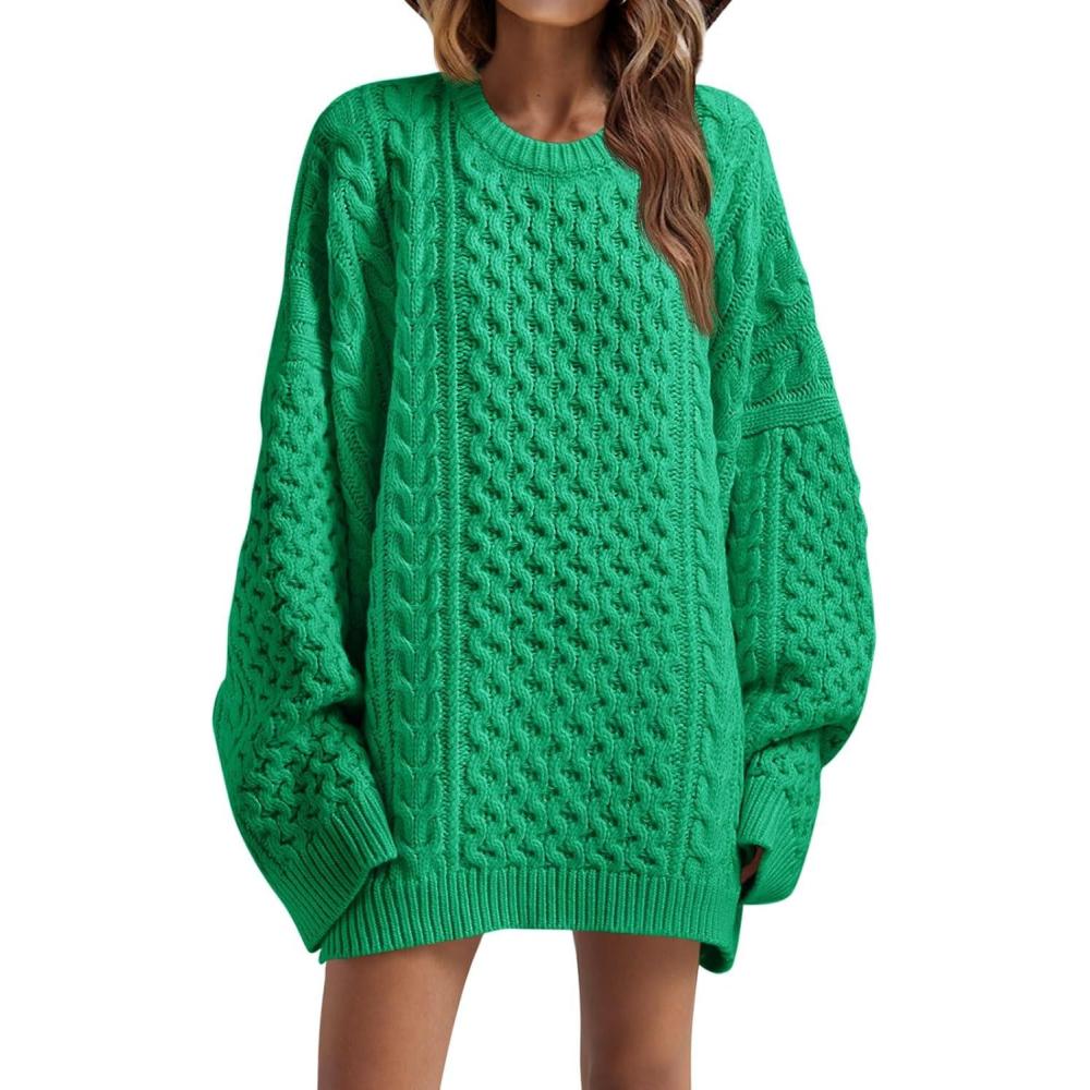 imageSaodimallsu Womens Oversized Sweaters Chunky Cable Knit Crewneck Long Sleeve Loose Tunic Sweater TopsGreen