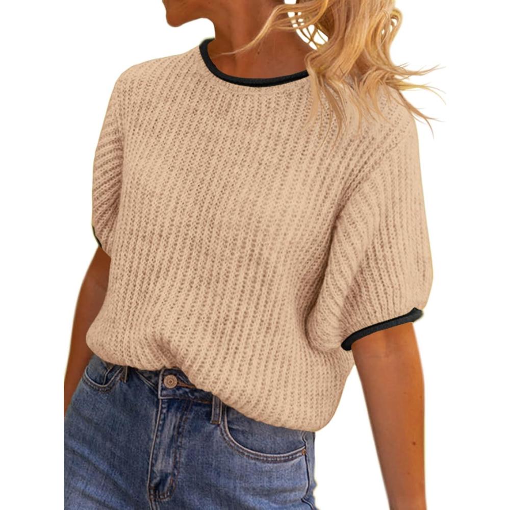 imageSaodimallsu Womens Puff Short Sleeve Sweater Tops Spring Summer Color Block Ribbed Knit Crew Neck Going Out ShirtsApricot