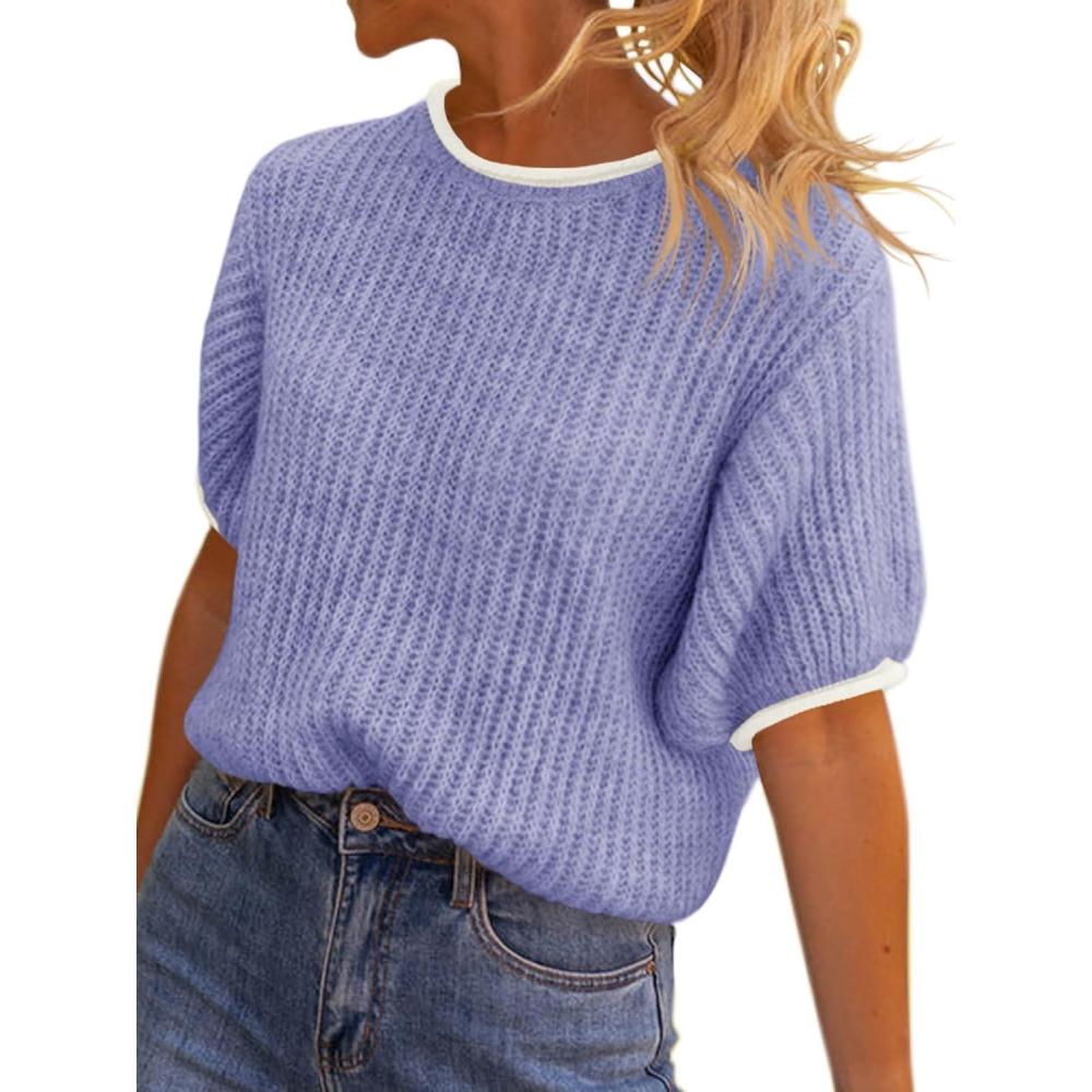 imageSaodimallsu Womens Puff Short Sleeve Sweater Tops Spring Summer Color Block Ribbed Knit Crew Neck Going Out ShirtsPurple