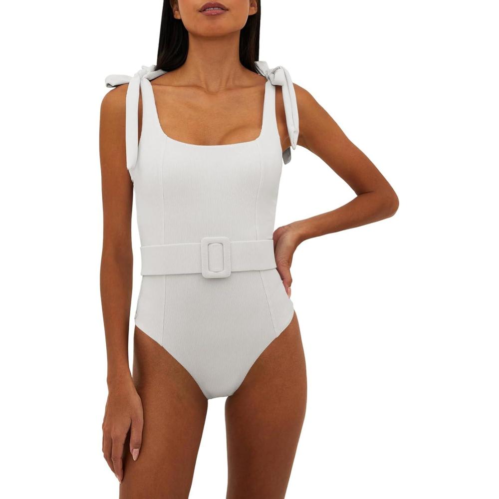 imageSaodimallsu Womens Sexy One Piece Bathing Suit High Cut Knit Square Neck Tied Strappy Swimsuit with Belt