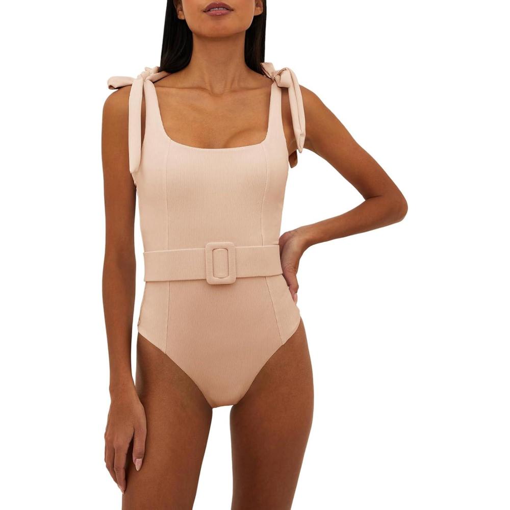 imageSaodimallsu Womens Sexy One Piece Bathing Suit High Cut Knit Square Neck Tied Strappy Swimsuit with BeltKhaki