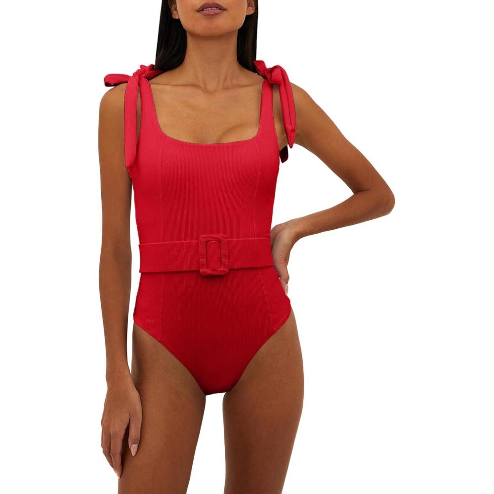 imageSaodimallsu Womens Sexy One Piece Bathing Suit High Cut Knit Square Neck Tied Strappy Swimsuit with BeltRed