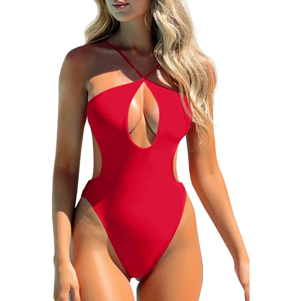 imageSaodimallsu Womens Sexy One Piece Bathing Suit Plunge Neck Cut Out Backless Criss Cross High Waisted SwimsuitRed