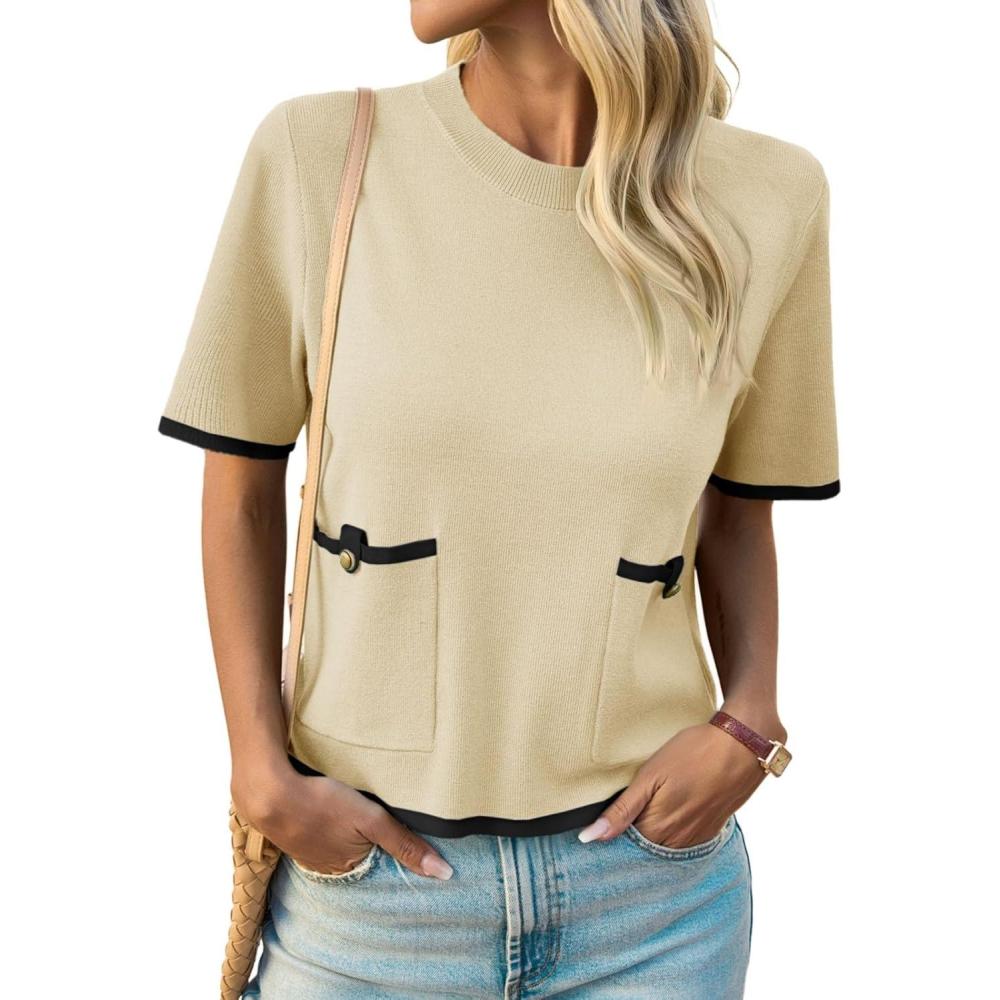 imageSaodimallsu Womens Short Sleeve Sweater Color Block Crew Neck Summer Crop Tops Loose Casual Knit Shirts with PocketsBeige