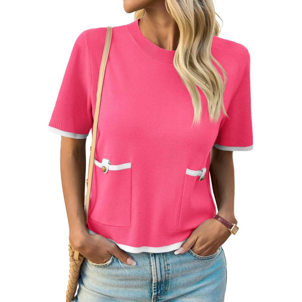imageSaodimallsu Womens Short Sleeve Sweater Color Block Crew Neck Summer Crop Tops Loose Casual Knit Shirts with PocketsRose Red
