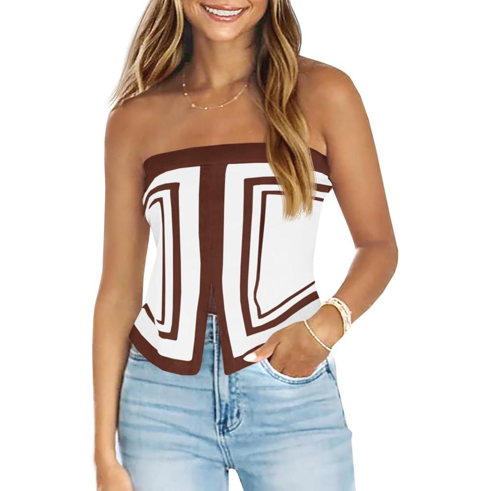 imageSaodimallsu Womens Strapless Crop Tube Tops Sexy Sleeveless Knit Summer Trendy Color Block Asymmetrical Y2k Bandeau TopBrown