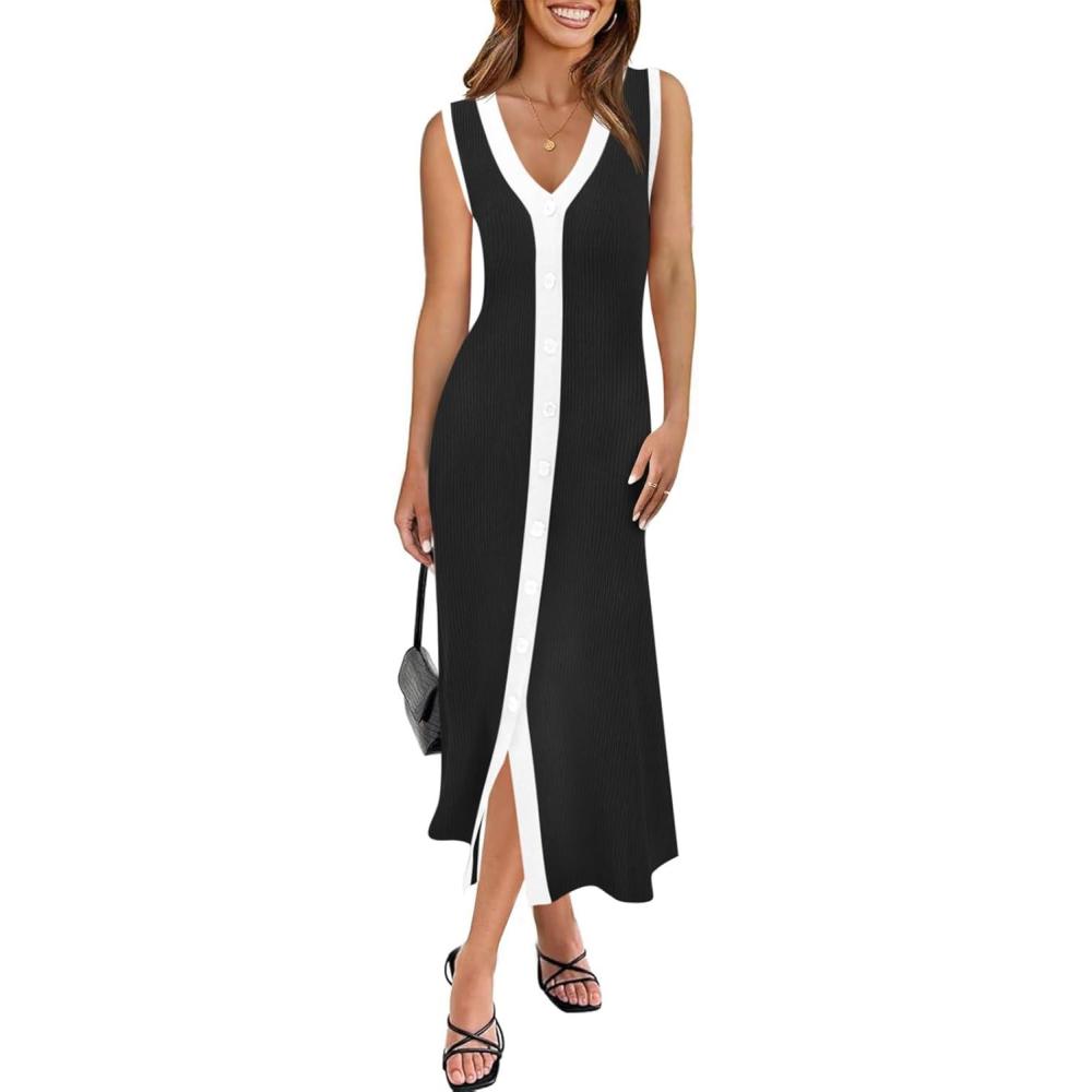 imageSaodimallsu Womens Summer Button Down Sweater Dresses Sleeveless V Neck Casual Ribbed Knit Color Block Midi Tank DressBlack