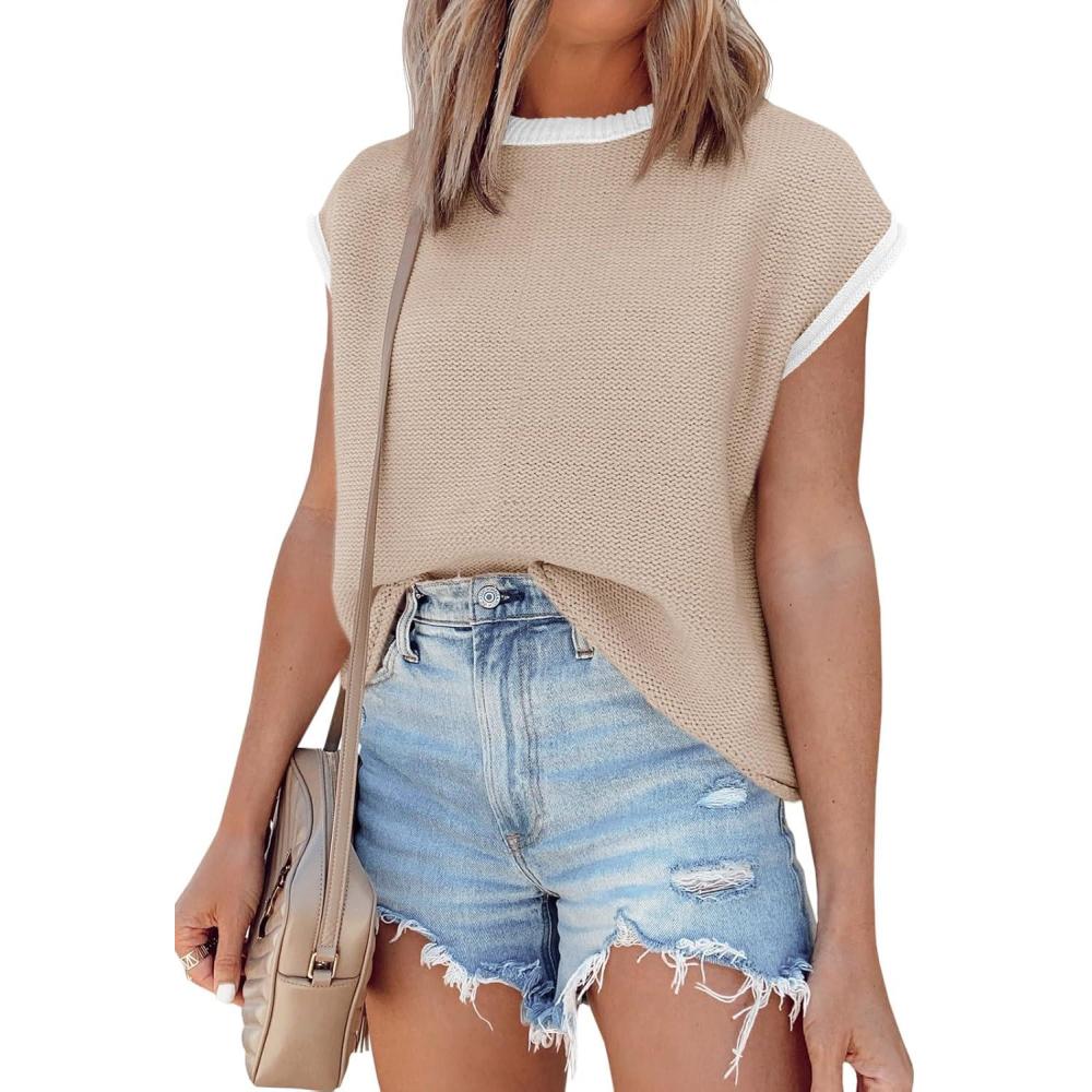 imageSaodimallsu Womens Summer Cap Sleeve Knit Tops Casual Sleeveless Sweater Vest Crew Neck Color Block 2025 Trendy Tank TopApricot