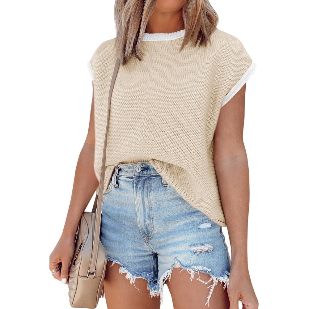 imageSaodimallsu Womens Summer Cap Sleeve Knit Tops Casual Sleeveless Sweater Vest Crew Neck Color Block 2025 Trendy Tank TopBeige