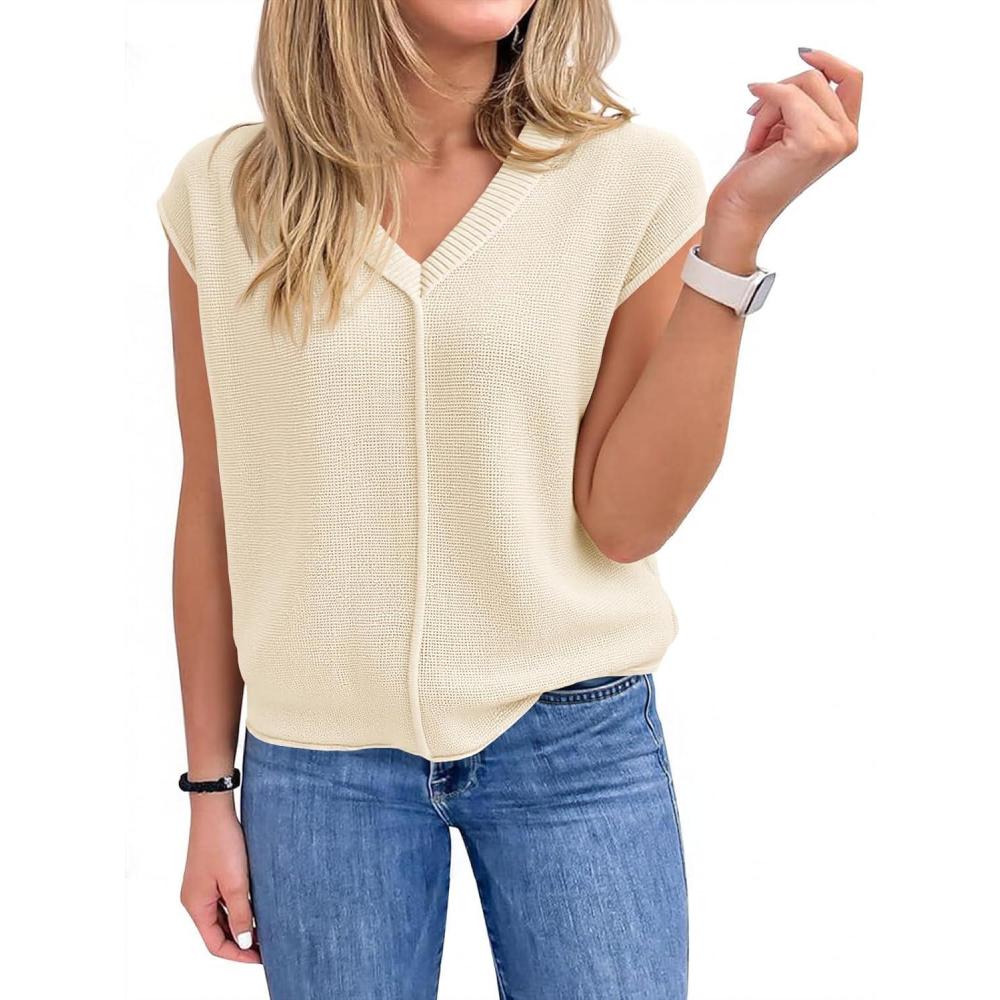 imageSaodimallsu Womens Summer Cap Sleeve Tops V Neck Casual Loose Fit Knit Lightweight Going Out Sweater Pullover TopApricot