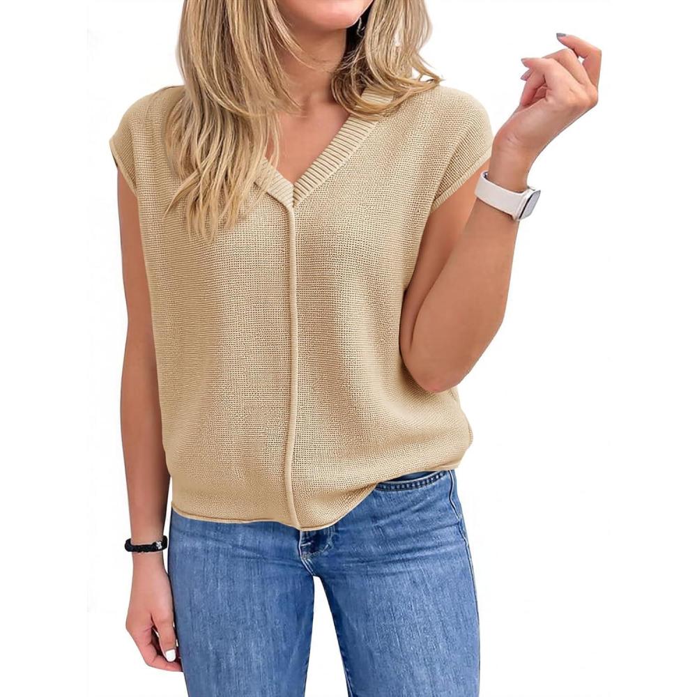 imageSaodimallsu Womens Summer Cap Sleeve Tops V Neck Casual Loose Fit Knit Lightweight Going Out Sweater Pullover TopKhaki