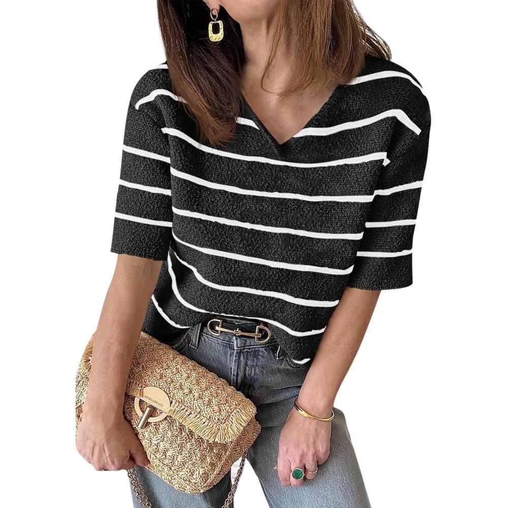 imageSaodimallsu Womens Summer Short Sleeve Sweater Tops Striped V Neck T Shirts Casual Loose Fit 2025 Trendy Knit TopBlack