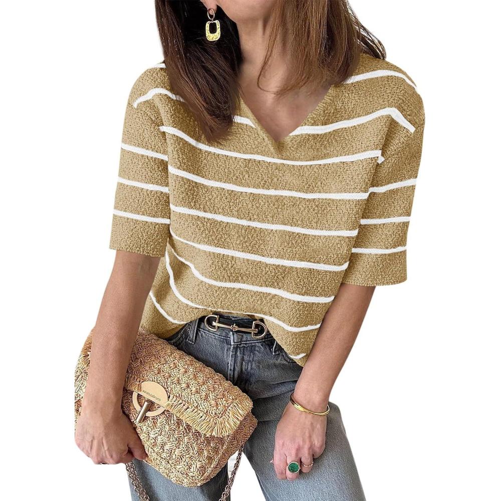 imageSaodimallsu Womens Summer Short Sleeve Sweater Tops Striped V Neck T Shirts Casual Loose Fit 2025 Trendy Knit TopKhaki