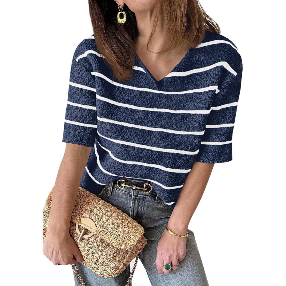 imageSaodimallsu Womens Summer Short Sleeve Sweater Tops Striped V Neck T Shirts Casual Loose Fit 2025 Trendy Knit TopNavy