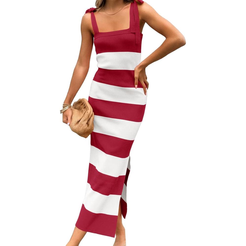 imageSaodimallsu Womens Summer Sleeveless Bodycon Sweater Dress Striped Knit Tie Square Neck Side Slit Midi Tank DressesBurgundy