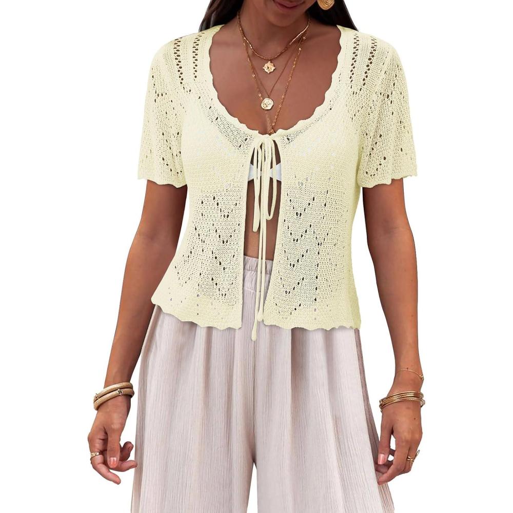 imageSaodimallsu Womens Tie Crochet Shrug Short Sleeve Cropped Summer Lightweight Knit Cardigan Bolero Sweater Cover UpsBeige