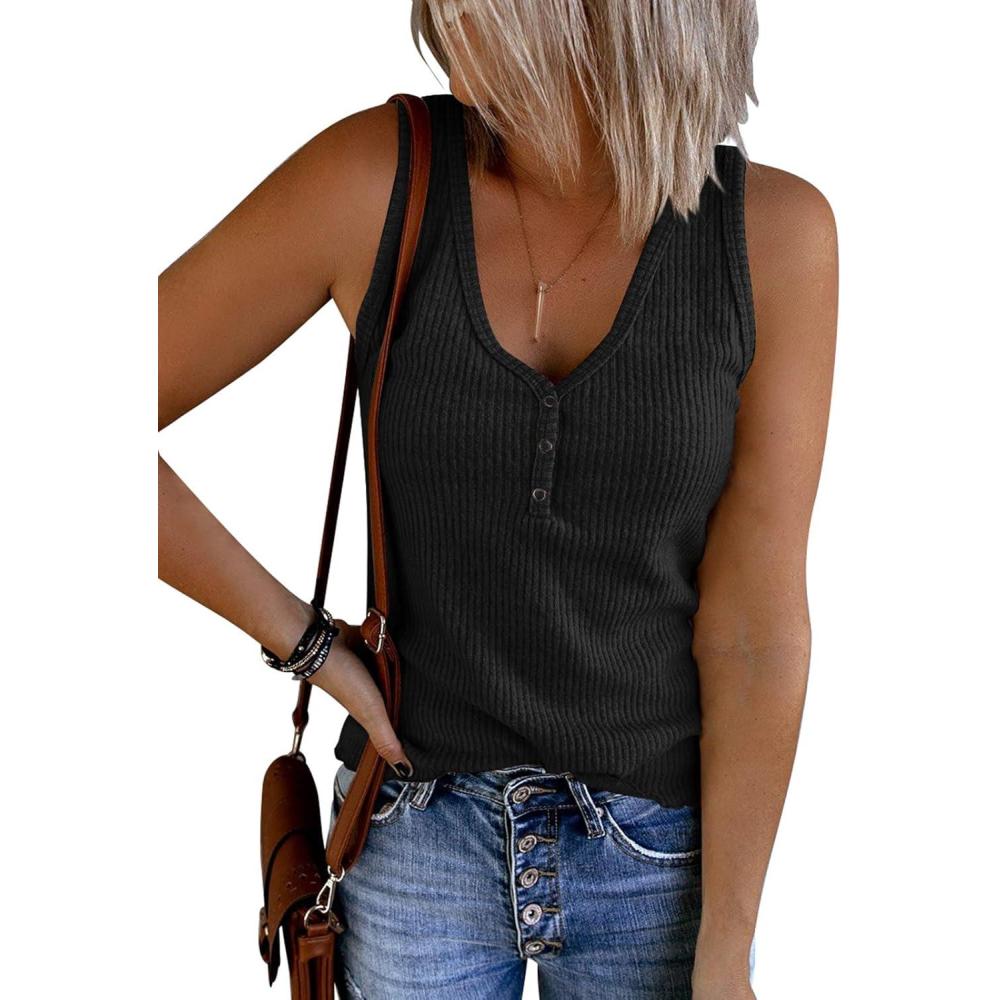 imageSaodimallsu Womens V Neck Tank Tops Summer Ribbed Sleeveless Henley Shirts Casual Loose Button Up Cami Knit TeesBlack