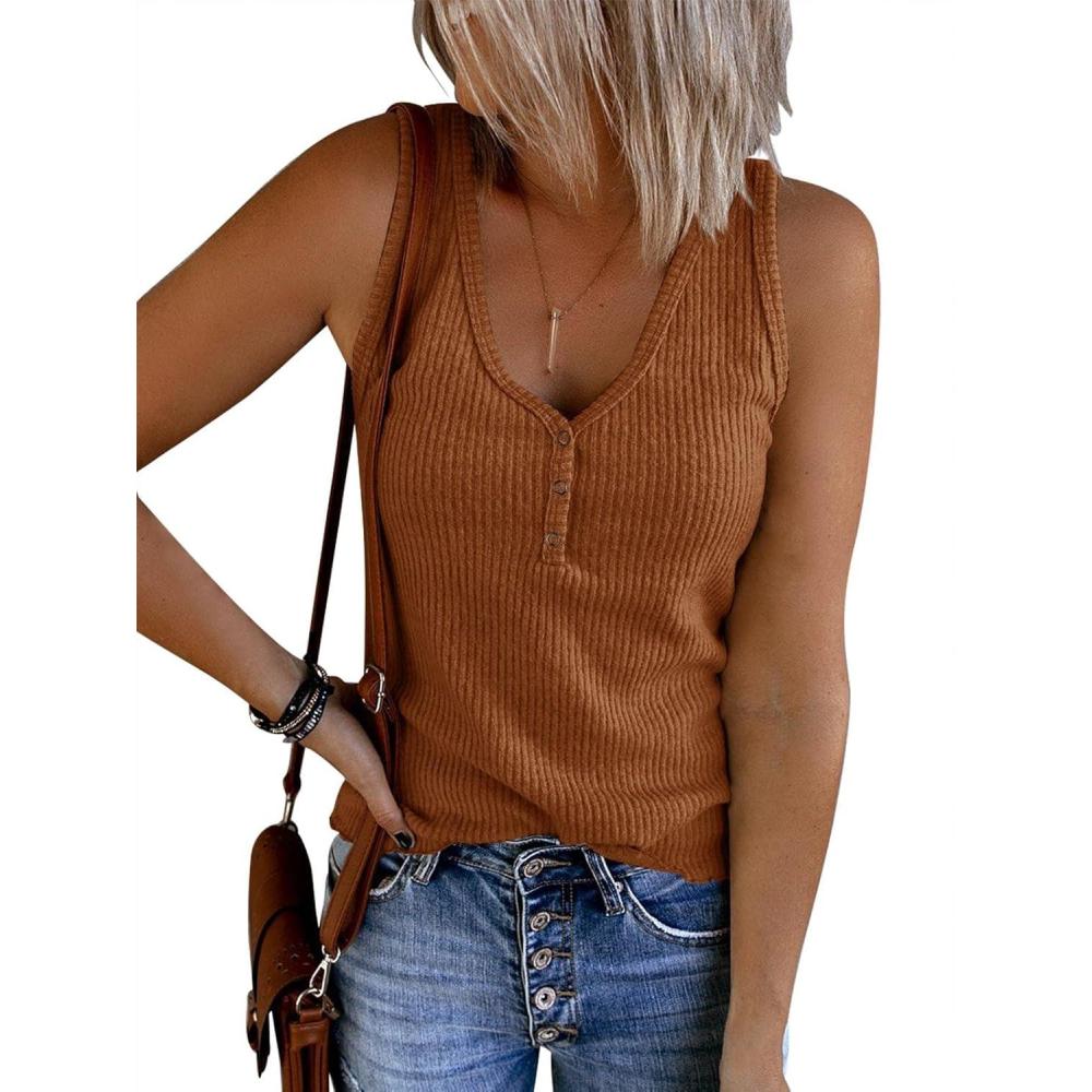 imageSaodimallsu Womens V Neck Tank Tops Summer Ribbed Sleeveless Henley Shirts Casual Loose Button Up Cami Knit TeesGolden Brown