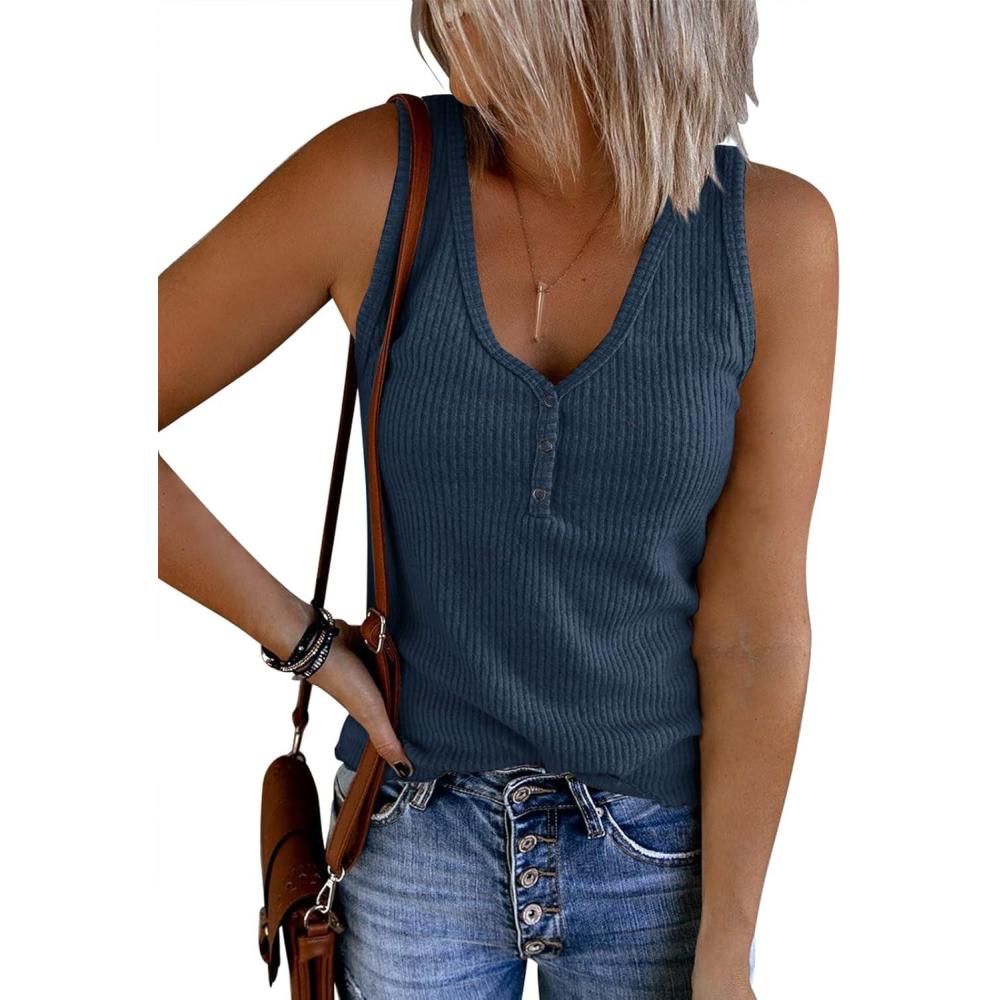 imageSaodimallsu Womens V Neck Tank Tops Summer Ribbed Sleeveless Henley Shirts Casual Loose Button Up Cami Knit TeesNavy