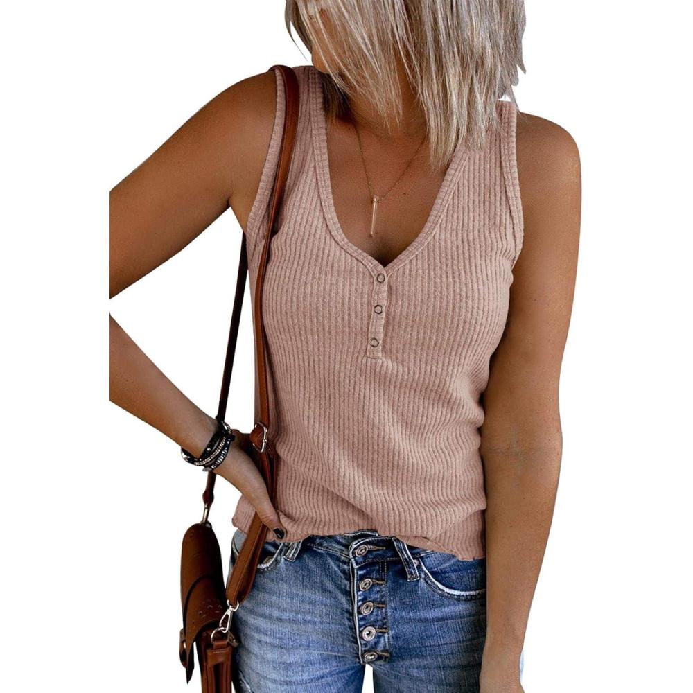imageSaodimallsu Womens V Neck Tank Tops Summer Ribbed Sleeveless Henley Shirts Casual Loose Button Up Cami Knit TeesPink