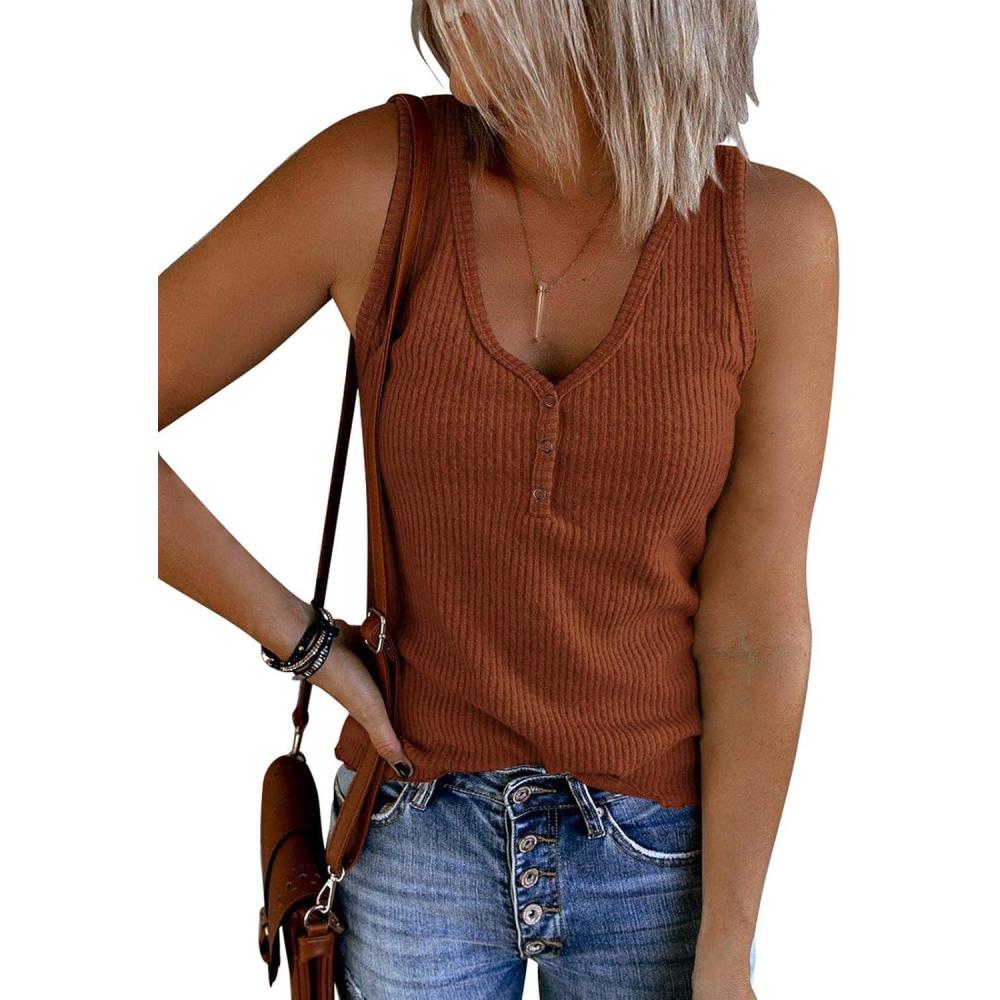 imageSaodimallsu Womens V Neck Tank Tops Summer Ribbed Sleeveless Henley Shirts Casual Loose Button Up Cami Knit TeesRed