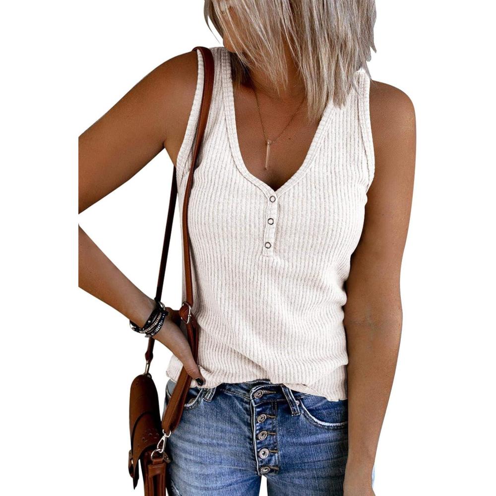 imageSaodimallsu Womens V Neck Tank Tops Summer Ribbed Sleeveless Henley Shirts Casual Loose Button Up Cami Knit TeesWhite