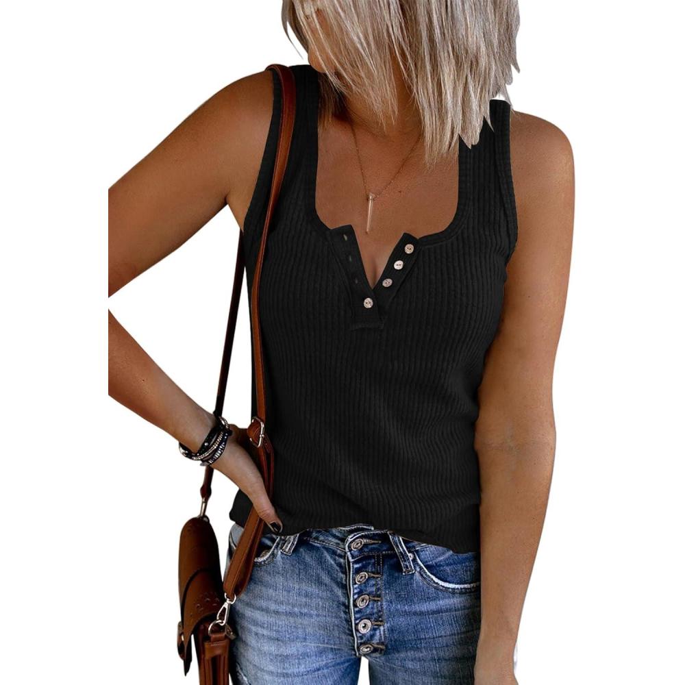 imageSaodimallsu Womens V Neck Tank Tops Summer Ribbed Sleeveless Henley Shirts Casual Loose Button Up Cami Knit TeesZ1 Black