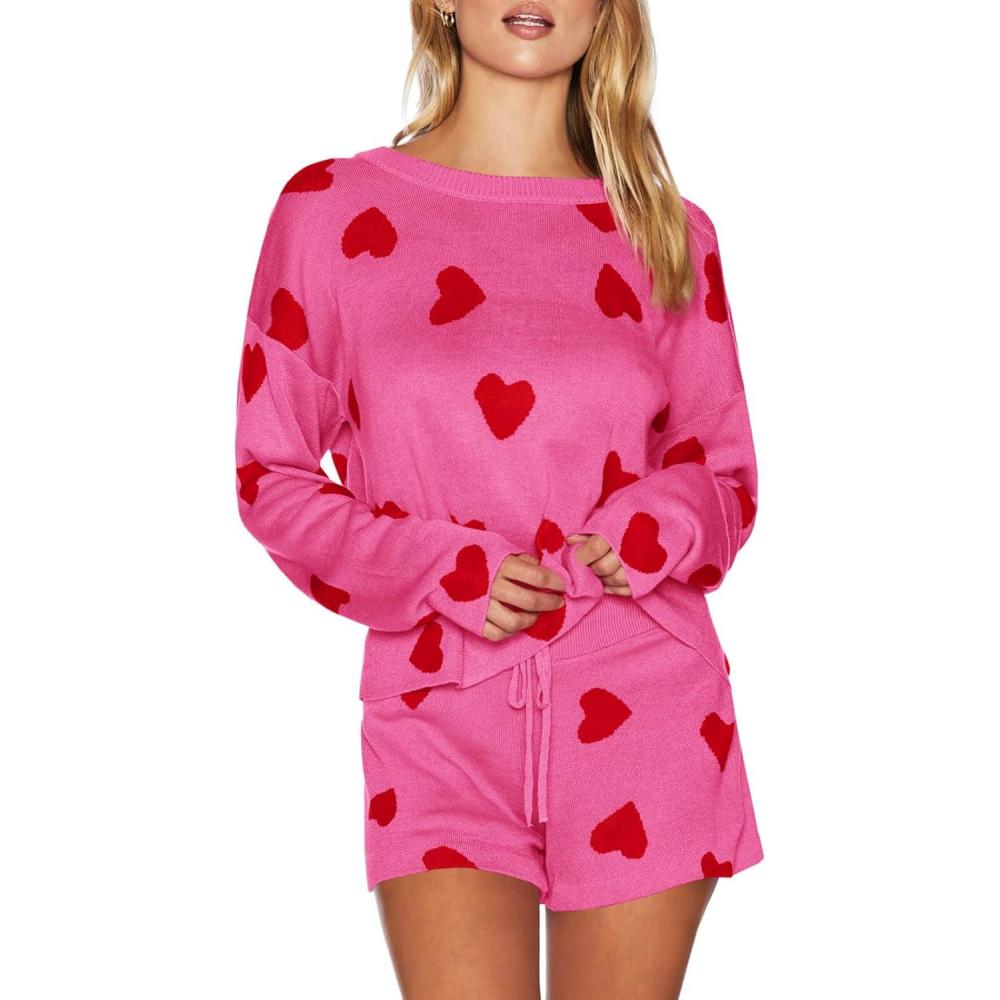 imageSaodimallsu Womens Valentines Day Pajama Sets Hearts Print Lounge Set Long Sleeve Sweater and Shorts 2 Piece OutfitsRose Red