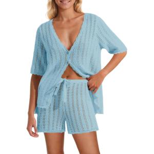 Saodimallsu Women Crochet 2 Piece Swimsuit Cover Up Short Sleeve Knit Tops Shorts Sets Summer Beach Vacation Outfit(Azure)